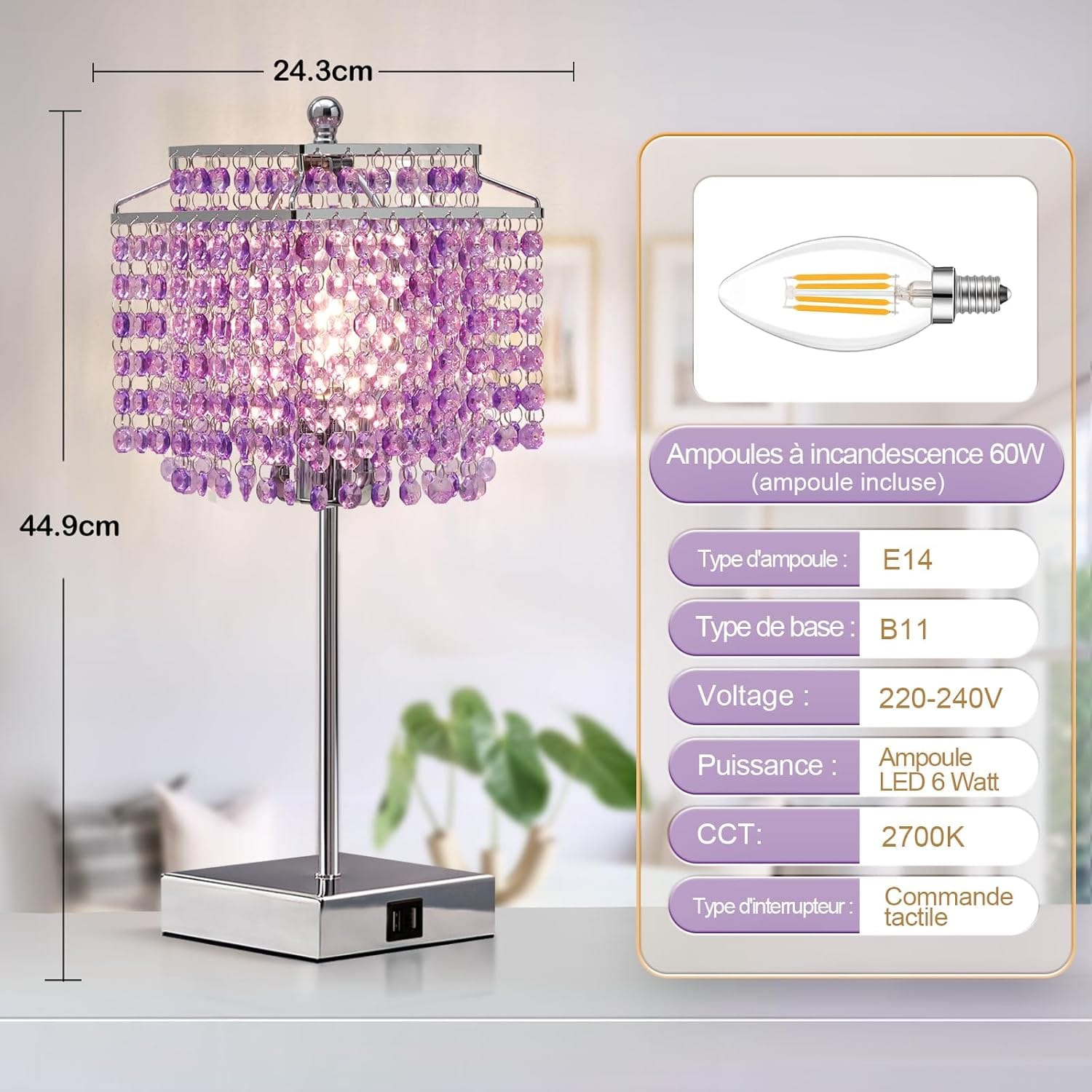 💎 lot de 2 lampes de chevet cristal tactiles – violet – 2 ports usb – ampoules incluses