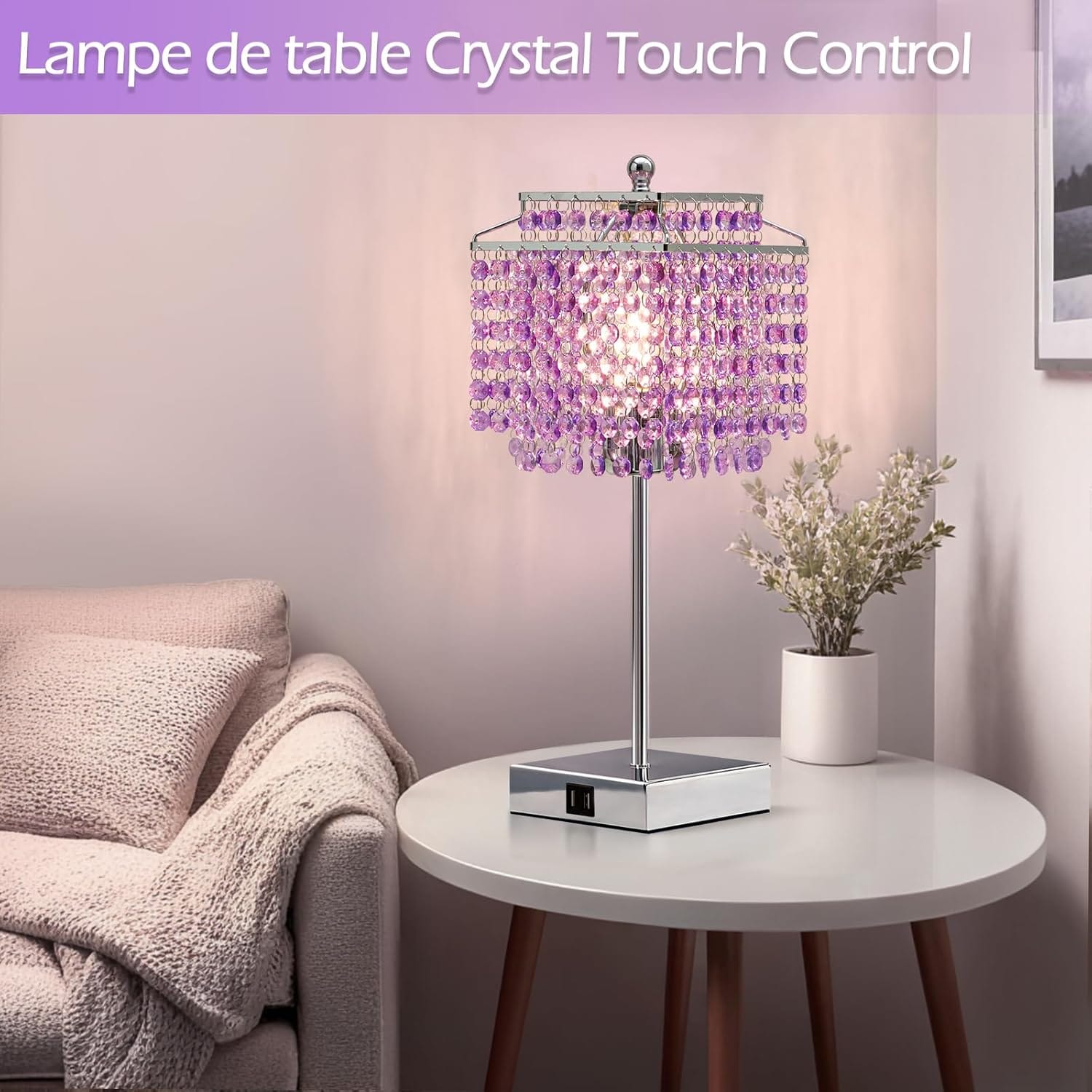 💎 lot de 2 lampes de chevet cristal tactiles – violet – 2 ports usb – ampoules incluses