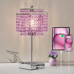 💎 lot de 2 lampes de chevet cristal tactiles – violet – 2 ports usb – ampoules incluses
