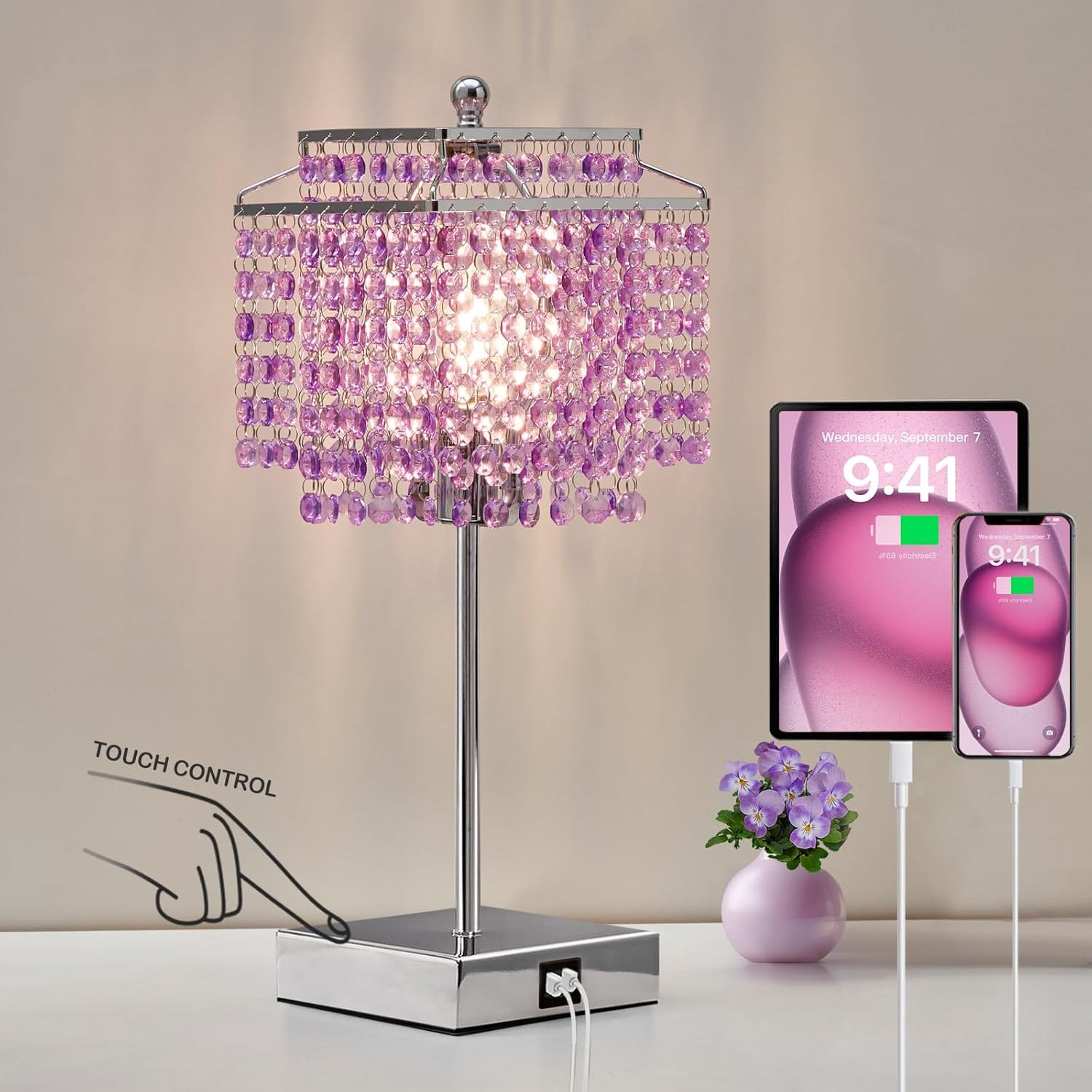 💎 lot de 2 lampes de chevet cristal tactiles – violet – 2 ports usb – ampoules incluses