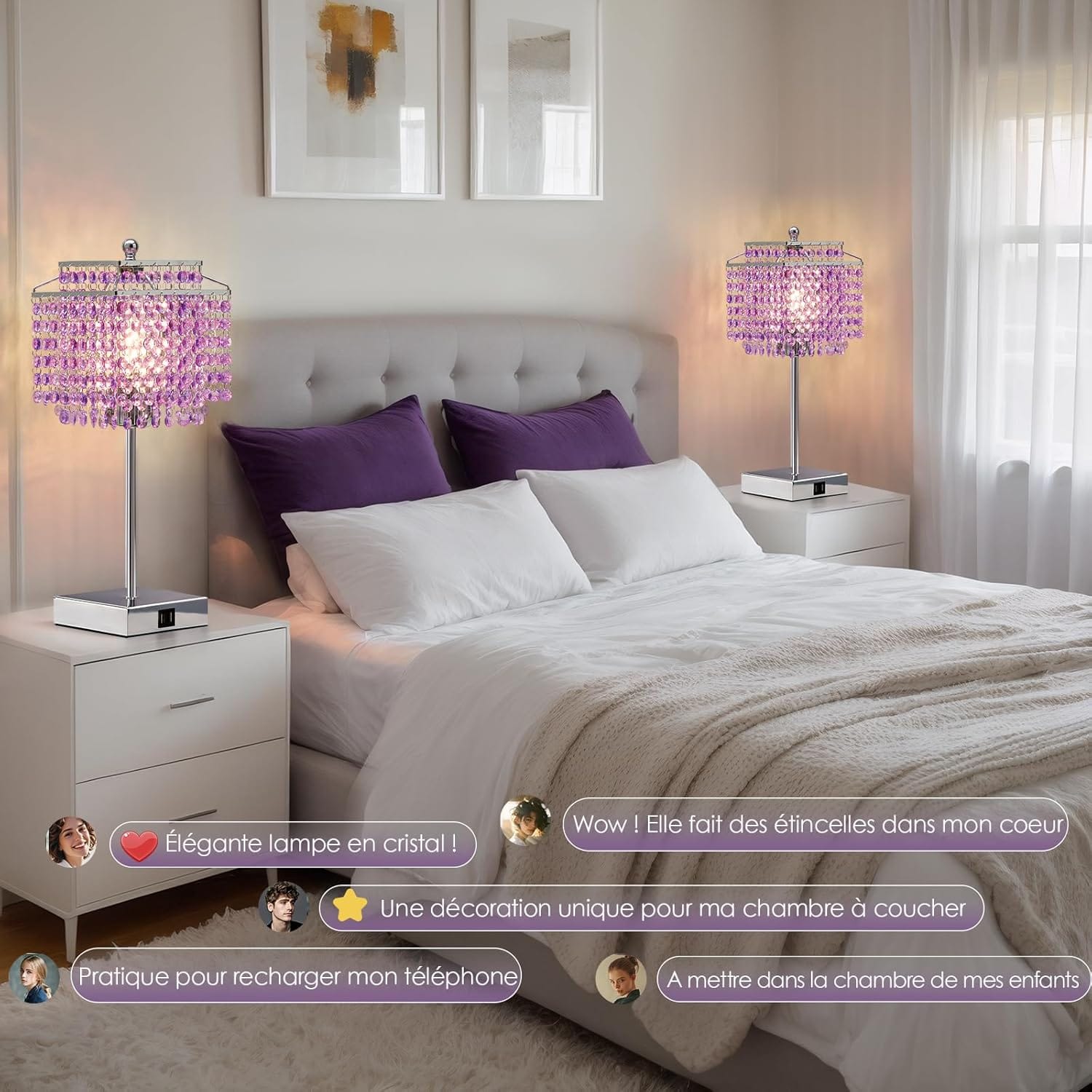 💎 lot de 2 lampes de chevet cristal tactiles – violet – 2 ports usb – ampoules incluses