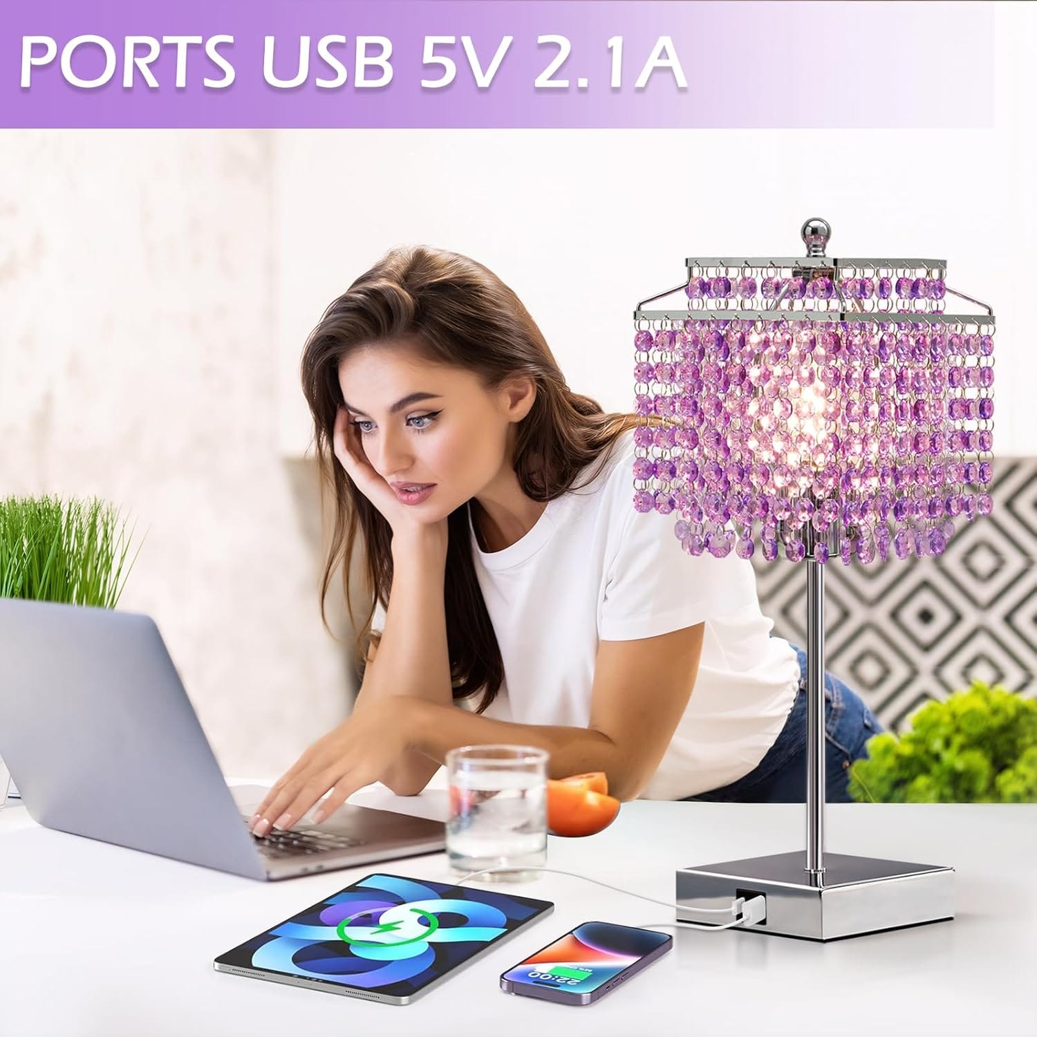 💎 lot de 2 lampes de chevet cristal tactiles – violet – 2 ports usb – ampoules incluses
