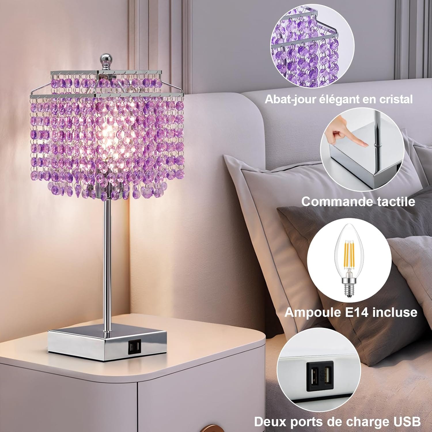 💎 lot de 2 lampes de chevet cristal tactiles – violet – 2 ports usb – ampoules incluses