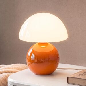 🍄 lampe de table champignon design orange & blanc – verre & céramique – intensité variable