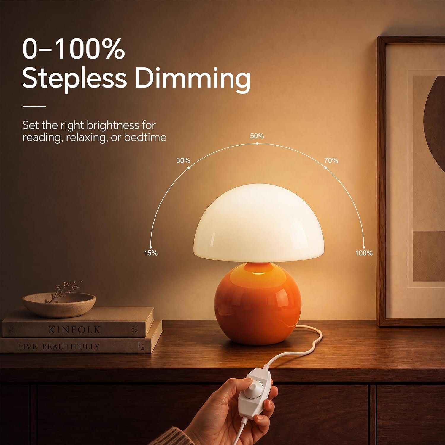 🍄 lampe de table champignon design orange & blanc – verre & céramique – intensité variable