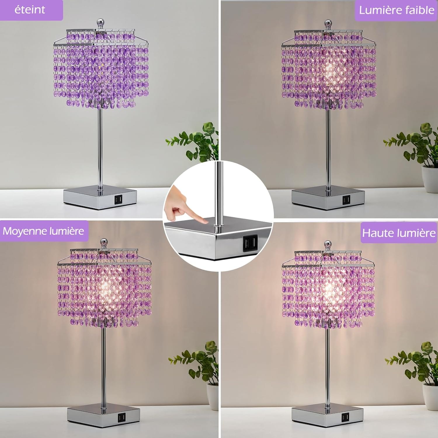 💎 lot de 2 lampes de chevet cristal tactiles – violet – 2 ports usb – ampoules incluses