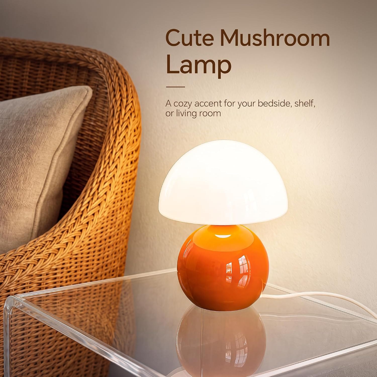 🍄 lampe de table champignon design orange & blanc – verre & céramique – intensité variable