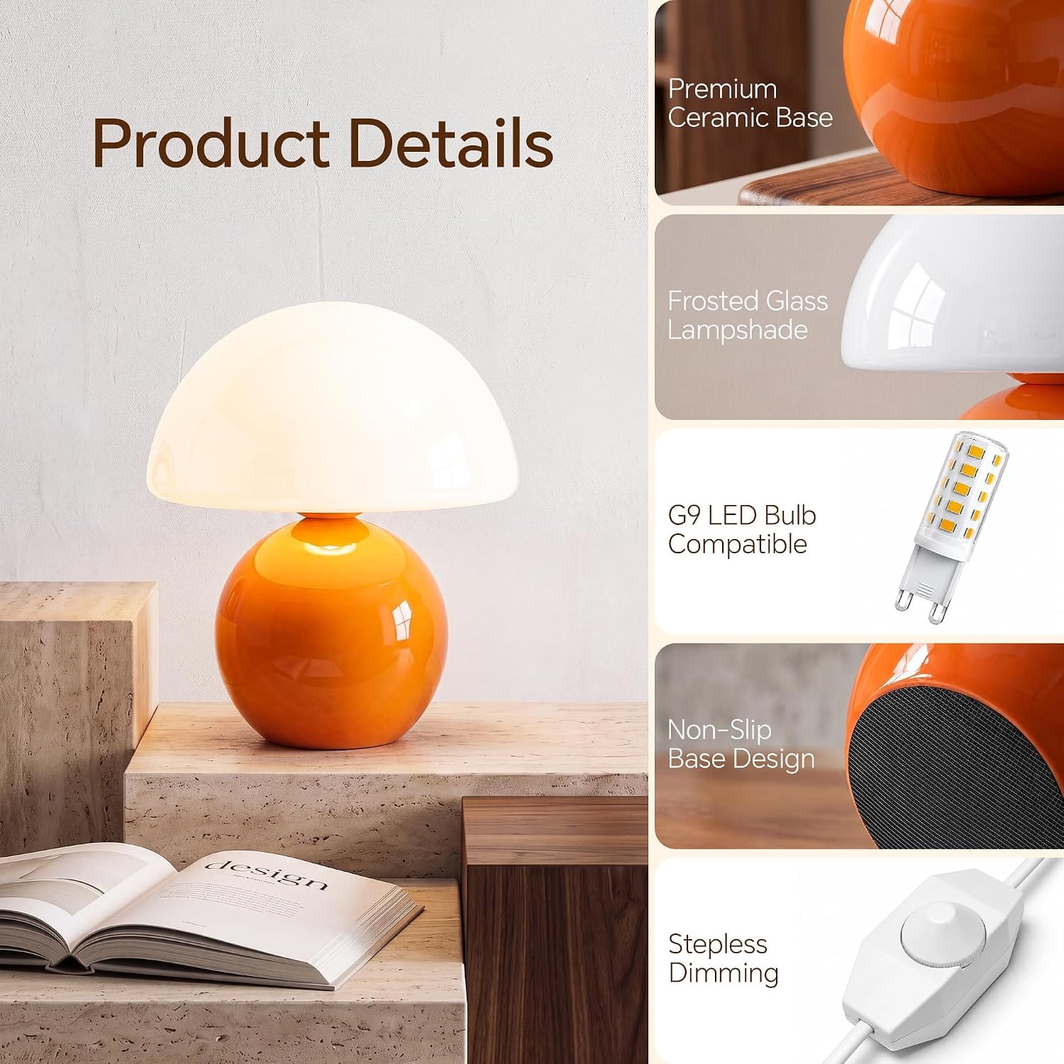 🍄 lampe de table champignon design orange & blanc – verre & céramique – intensité variable