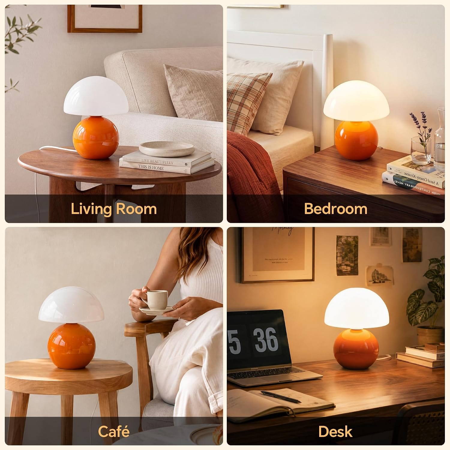 🍄 lampe de table champignon design orange & blanc – verre & céramique – intensité variable