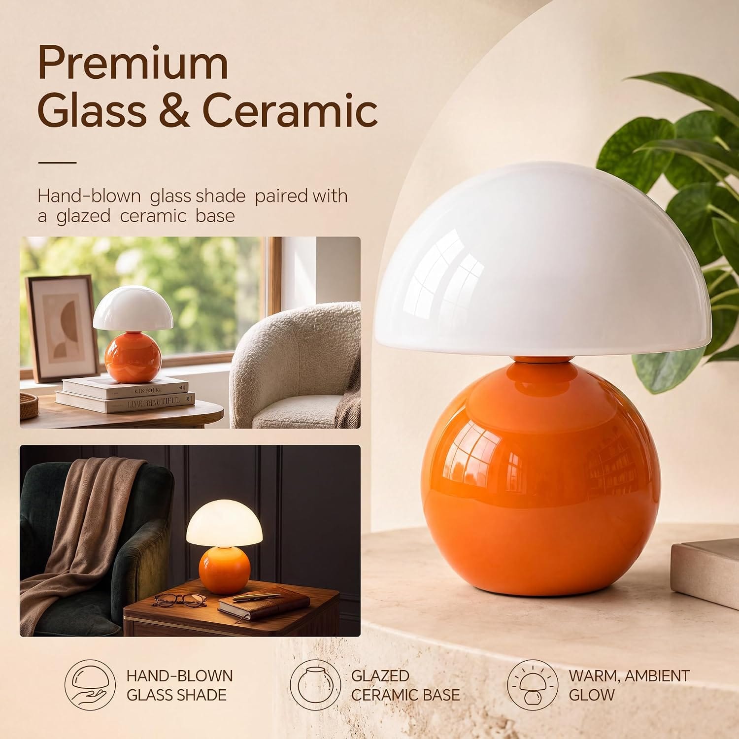 🍄 lampe de table champignon design orange & blanc – verre & céramique – intensité variable