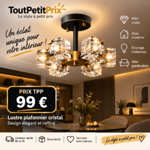 Lustre plafonnier cristal 8 lumières G9 noir et doré