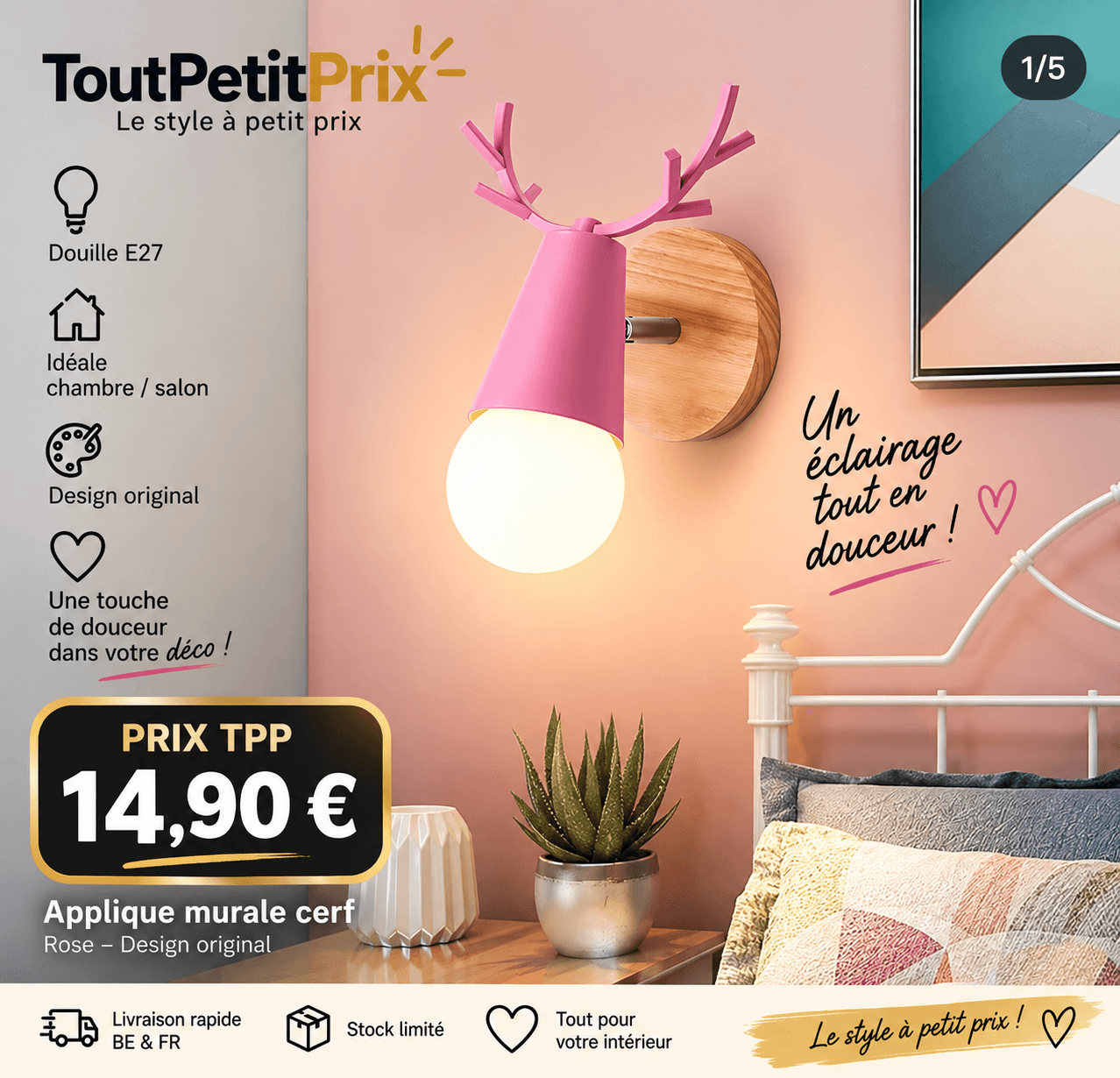 Applique murale cerf rose E27 éclairage intérieur
