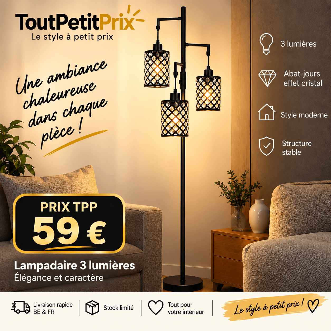Lampadaire 3 lumières E27 noir effet cristal 178 cm